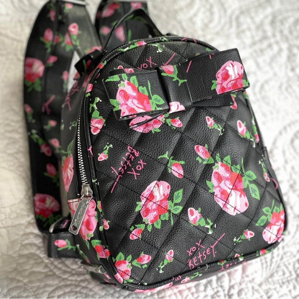Betsey Johnson Floral Black Mini Backpack with Pink Accents - Picture 12 of 12
